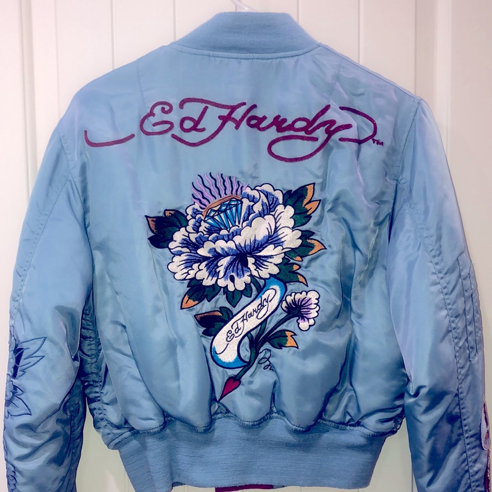 Ed Hardy Vintage Y2K Reversible Tattoo Bomber Jacket RARE HTF